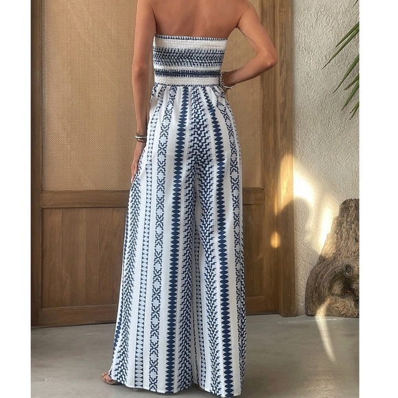 Boho Geo Print Shirred High waisted Wide Leg Jumpsuit - Picture 2 of 7